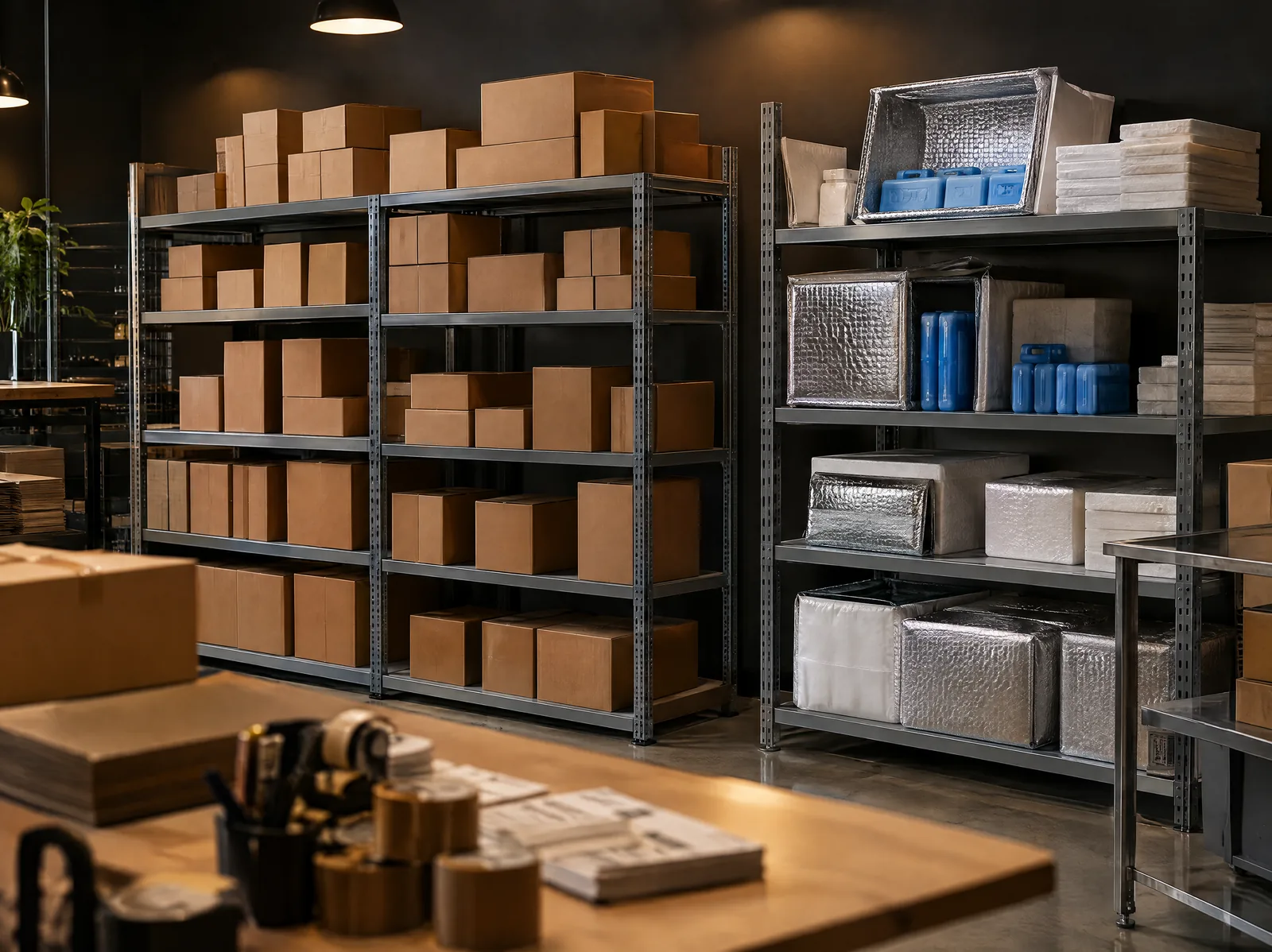 A clean fulfilment room with steel shelving and a temperature-controlled cabinet