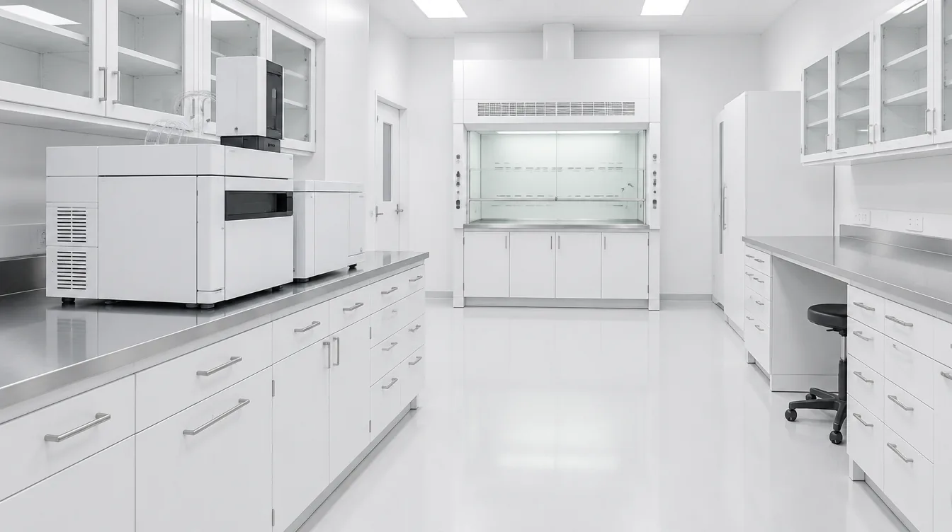 A white analytical laboratory with stainless steel benches and a benchtop chromatography instrument