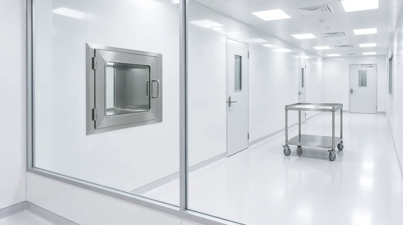 A bright white laboratory corridor with a stainless pass-through hatch and cart