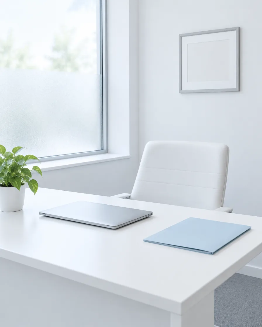 A white consultation room with a desk, chair and closed laptop